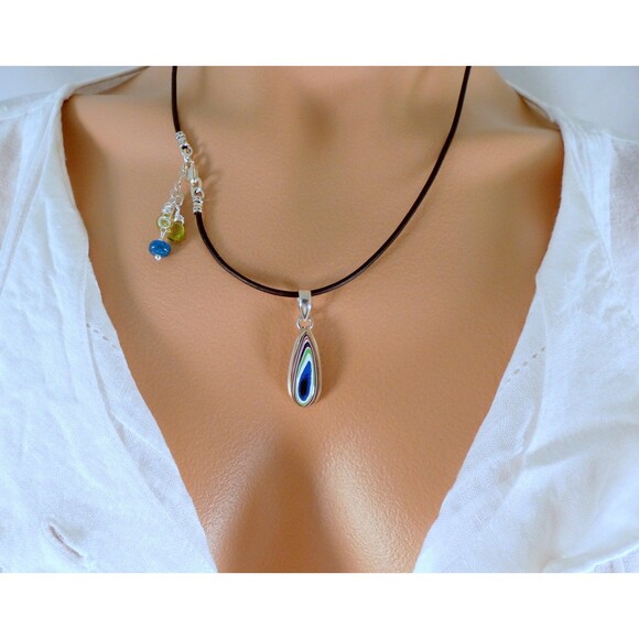 1967 Detroit Agate- Apatite- Peridot- Sterling Silver- Leather Pendant Necklace - Picture 6 of 7